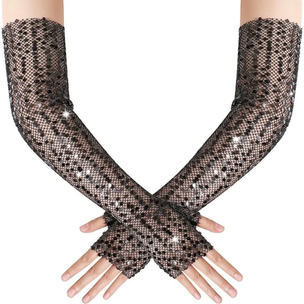 Women's Black  Long Fingerless Sequin Sparkling Glitter Gloves Tea Party